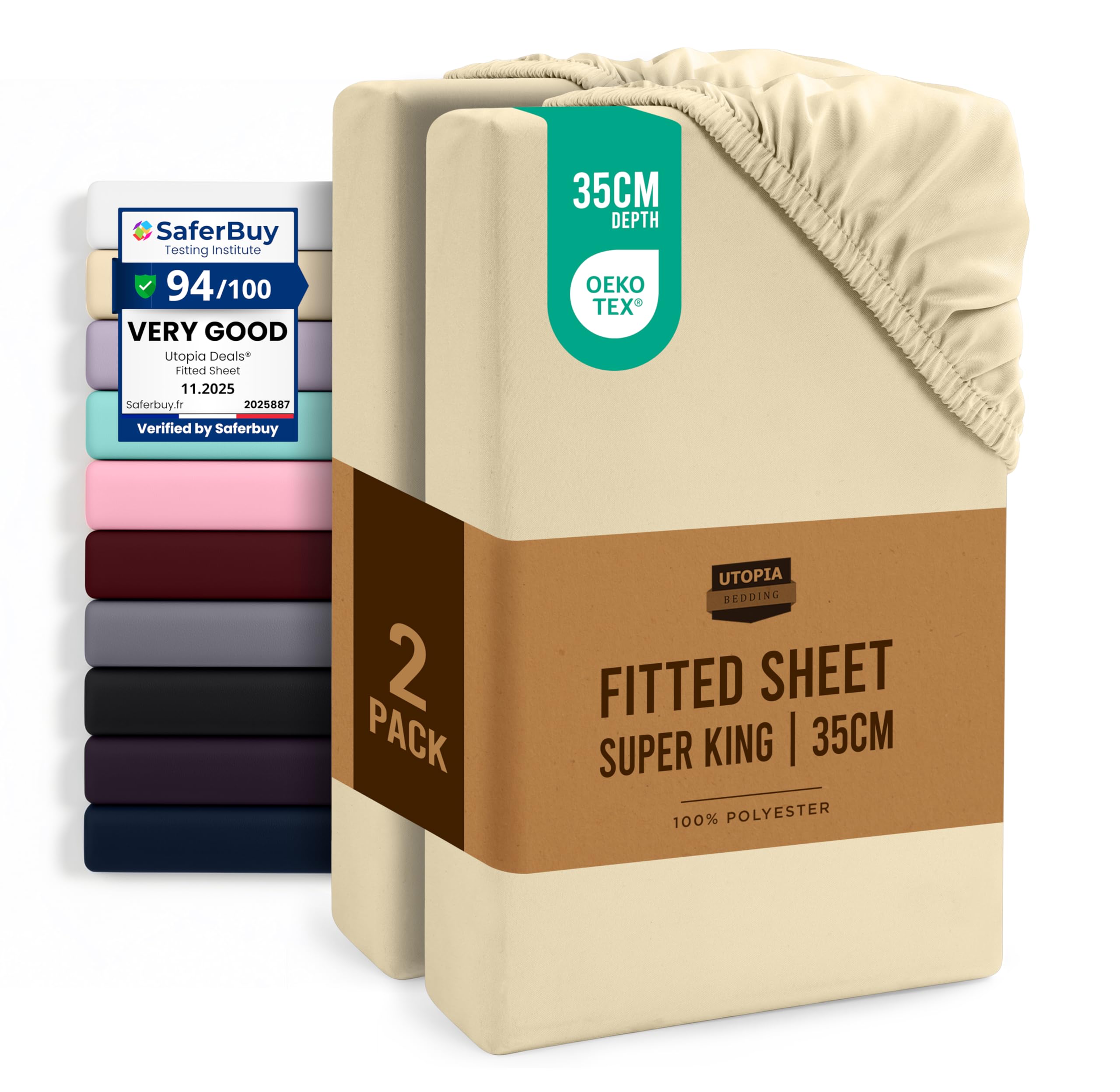 Utopia Bedding Fitted Sheet Super King (2 Pack), Beige - Deep Pocket 14 inch (35 cm) - Oeko Tex Certified - Easy Care - Soft Brushed Microfibre Fabric - Shrinkage and Fade Resistant - Bottom Sheet