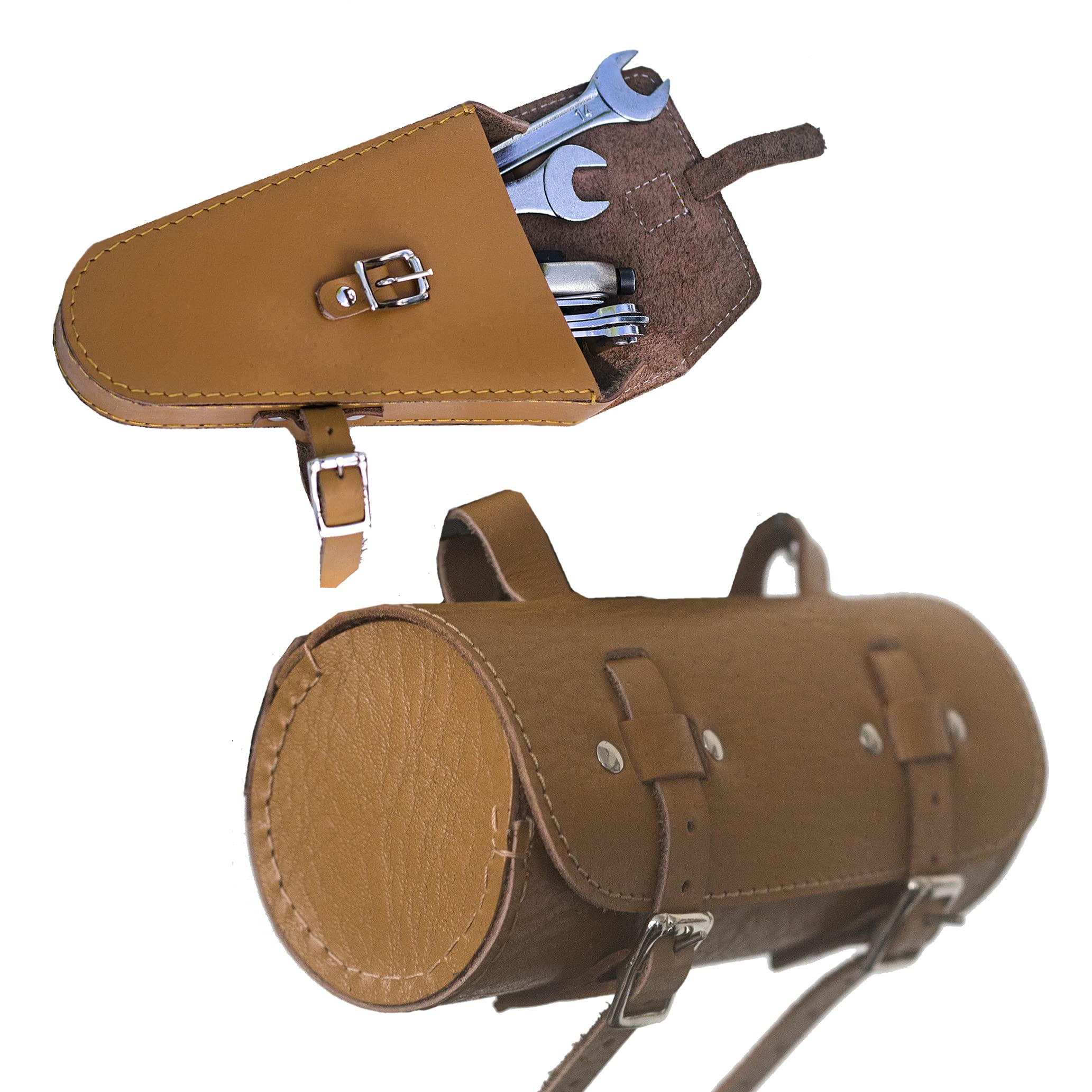 2 in 1 Bike Leather Bag Set (Frame Bag + Saddle/Handlebar bag) in TAN