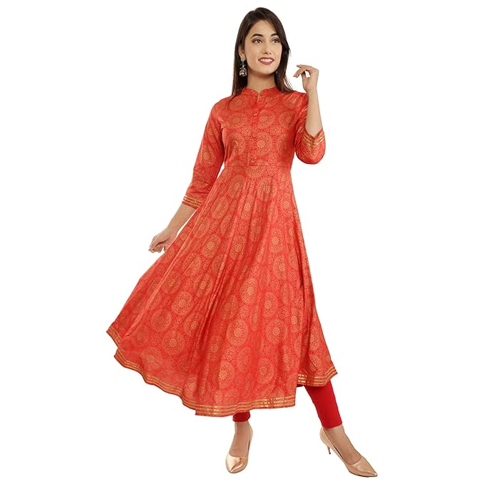 Women's Rayon Gold Printed Anarkali Kurta
