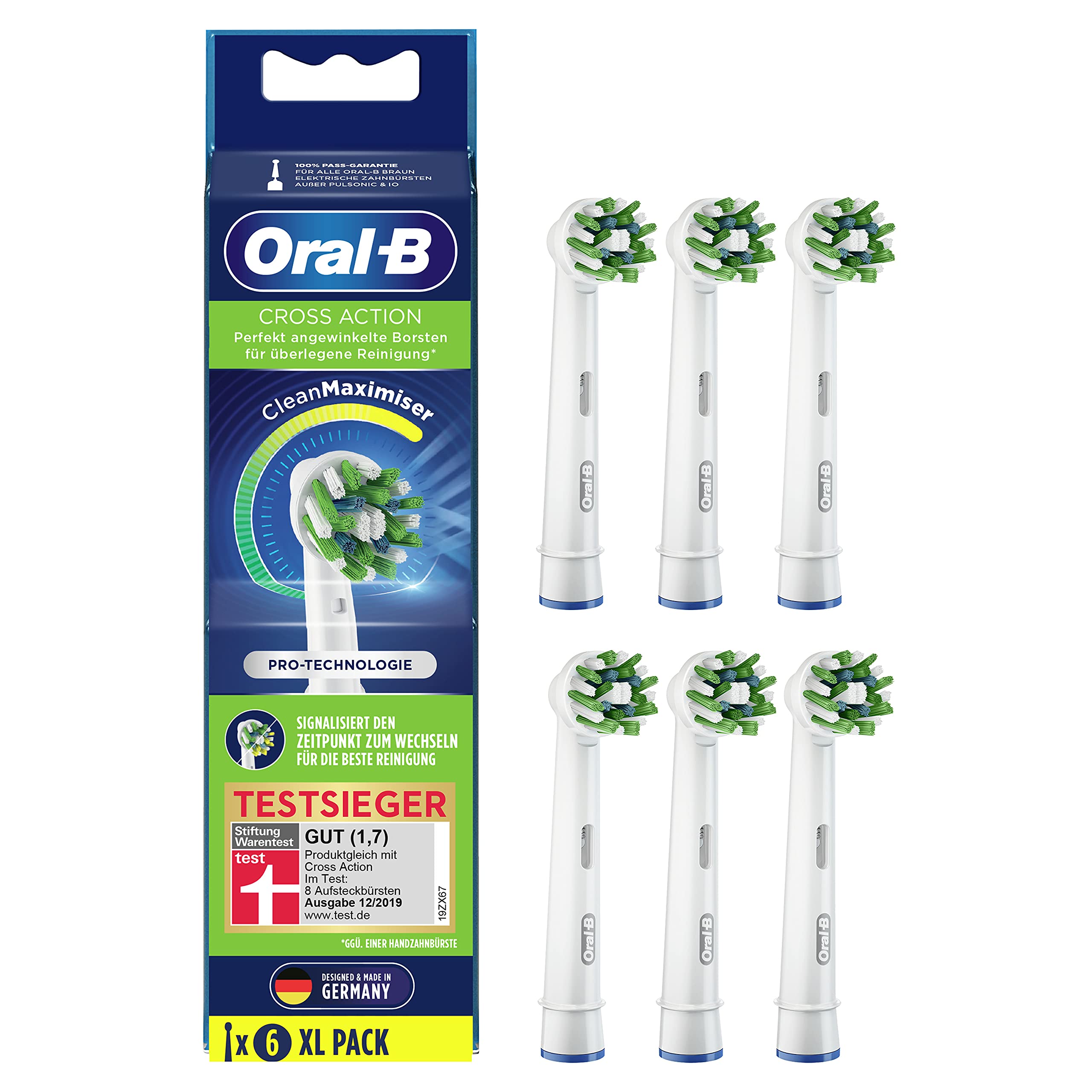 Oral-B CrossAction Electric Toothbrush Heads, 6 Pieces, Holistic Mouth Cleaning with CleanMaximiser Bristles, Toothbrush Attachment for Oral-B Toothbrushes