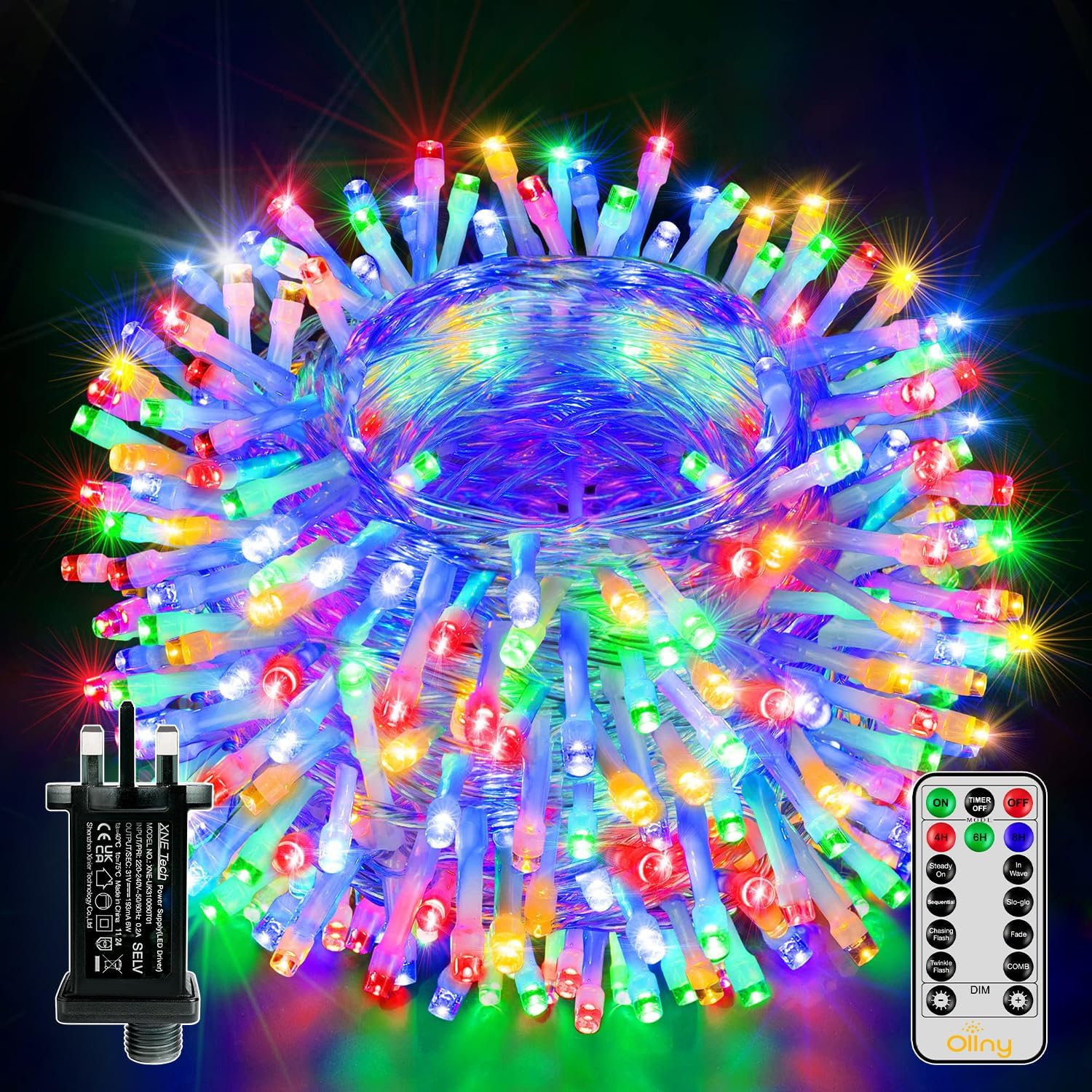 Ollny Christmas Tree Lights, 50m 500 LED Outdoor Fairy Light Mains Powered, Waterproof Multicolour String Light with Plug, Remote/8 Modes/Timer, Bright Lighting Indoor/Outside/Garden/Xmas Decorations