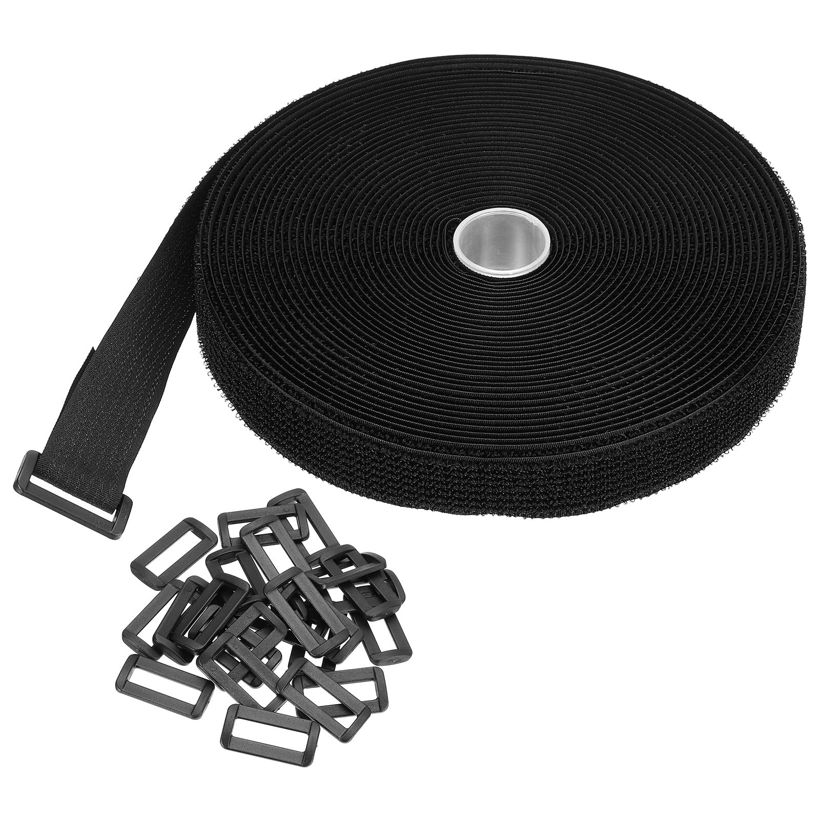 PATIKIL Hook and Loop Straps 1in x 33Ft with 50pcs Plastic Buckle, Fastening Cinch Straps Reusable Nylon Securing Cord Ties for Storage Organization, Black