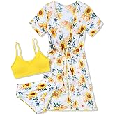 Ochine Girls Swimsuit 3 Piece Tropical Print Bikini Set Teens Bathing Suit with Drawstring Quick Dry Cover Up 9-16Y
