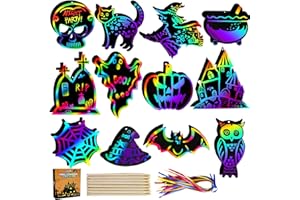 Max Fun Halloween Crafts for Kids Scratch Off Art Paper Cards 48Pack, Magic Rainbow Ornaments Hanging Supplies Educational Toys Kit Halloween Party Games Favor