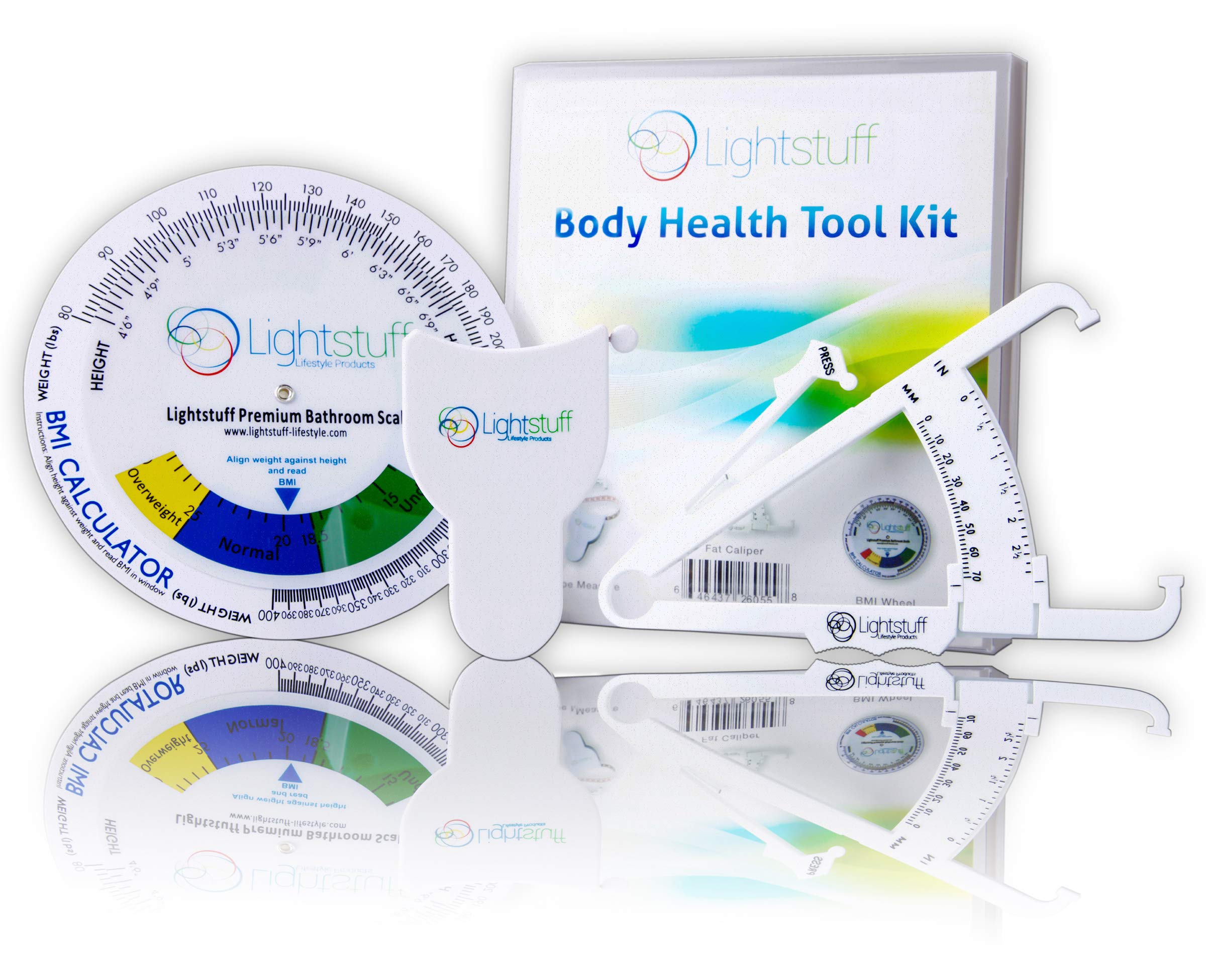 Lightstuff Body Health Tool Kit - Body Fat Caliper, Body Tape Measure, BMI Calculator - Instructions for Skinfold Caliper and Body Fat Charts Included