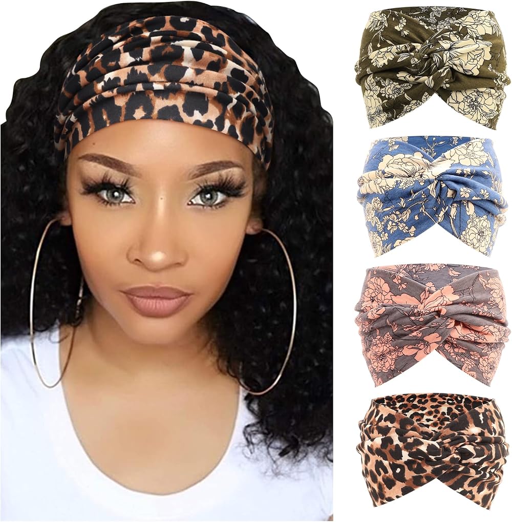 DRESHOW 4 Pack Turban Headbands Women Wide Vintage Knotted Hair Bands