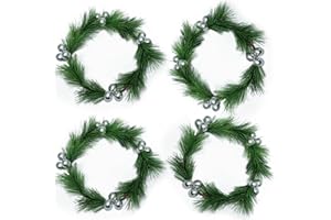 PALONMY 4pcs Christmas Candle Rings Wreaths Artificial Silver Berries Greenery Pine Needles Garland Christmas Wreath Candle Rings Holder for Wedding Christmas Table Centerpiece Home Dinner Table Décor
