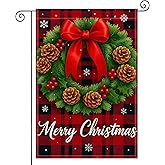 HOMETITUTE Merry Christmas Wreath Garden Flag Double Sided 12x18 Inch Burlap Holiday Garden Flag Red Bow Pinecones Plaid Background Seasonal Banner for Indoor and Outdoor Decoration Yard Lawn Decor