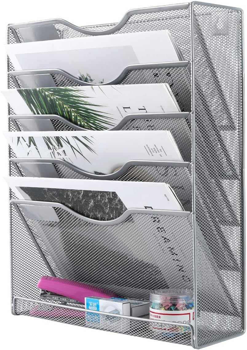 EasyPAG Mesh Wall File Holder 5 Tier Vertical Mount Hanging Organizer with Bottom Flat Tray, Silver : Office Products