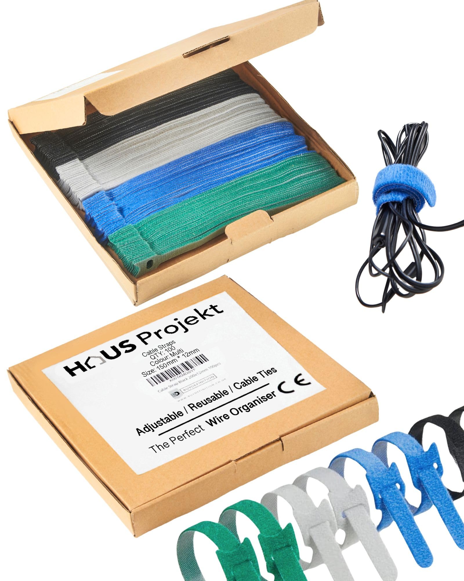 100pcs in Tidy Box, Reusable Cable Ties, Multicolour Strong Adjustable Hook and Loop Cable Fastening Straps, Wire Wraps, Cable Organiser for Offices, Home, USB Cables, Garden Tree Plant Tie 150x12mm