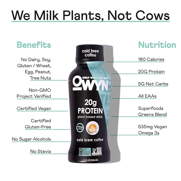 OWYN – 100% VEGAN PLANT-BASED PROTEIN SHAKES | COLD BREW COFFEE, 12 FL OZ | DAIRY-FREE, GLUTEN-FREE, SOY-FREE, TREE NUT-FREE, EGG-FREE, ALLERGY-FREE, VEGETARIAN, 1 COUNT