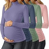 Sweetyweee 4 Pack Women's Maternity Turtleneck Shirts, Pregnancy Ribbed Long Sleeve Tops Casual Cotton Side Ruched Sweaters