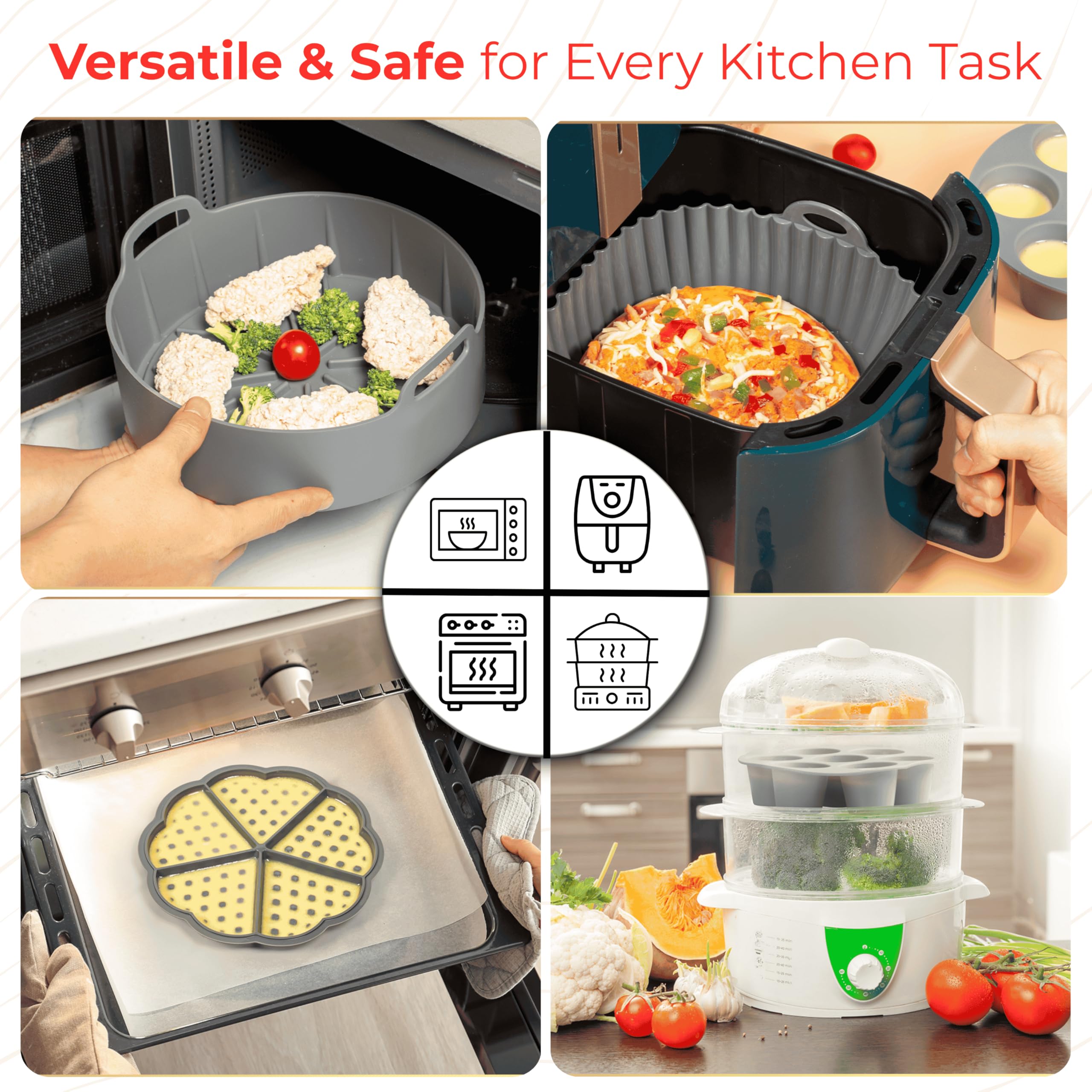 EM Silicone Air Fryer Liners Set of 5 – Reusable Air Fryer Liners Silicone with Egg Bite Mold, Oven Mitts – Fits 3–5 Qt Non-Stick, Food-Grade, Heat-Resistant