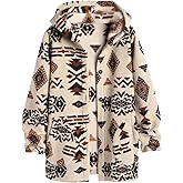 SELINK Womens Aztec Print Fleece Hoodie Jacket Button Down Shacket Casual Sherpa Coats Warm Outwear with Pockets