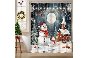 Lecloud Christmas Shower Curtain 72 Inch Long, Cute Snowman and Snowy Forest Pine Tree, Home Bathroom Decorations Waterproof Printed Curtains with Button Holes, 72" W x 72" L