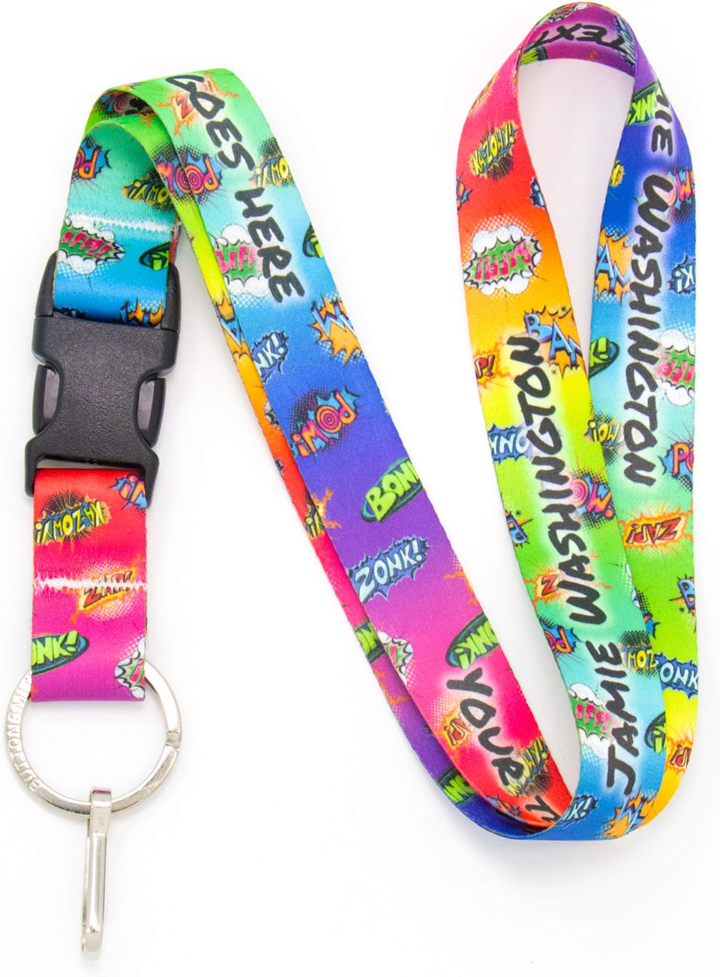 Buttonsmith Comix Custom Lanyard - Customize with Your Text - Buckle and Flat Ring - Made in The USA