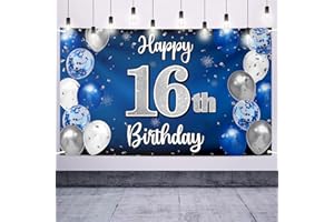 Nelbiirth Happy 16th Birthday Decorations,16th Blue & Silver Balloon Large Birthday Banner Backdrop Sign,Cheers to Sixteen Years Old Bday Party Supplies.