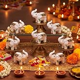 Croknit 12 Pcs Indian Return Gift Bulk for Pooja, White Elephant Statue | Diwali Decorations for Home, Ganpati Puja Decor, Wedding Housewarming and Onam Gifts