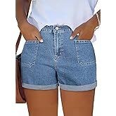 Eytino Women Plus Size Denim Shorts Trendy Stretch High Rise Rolled Hem Summer Casual Jean Shorts with Pockets(1X-5X)