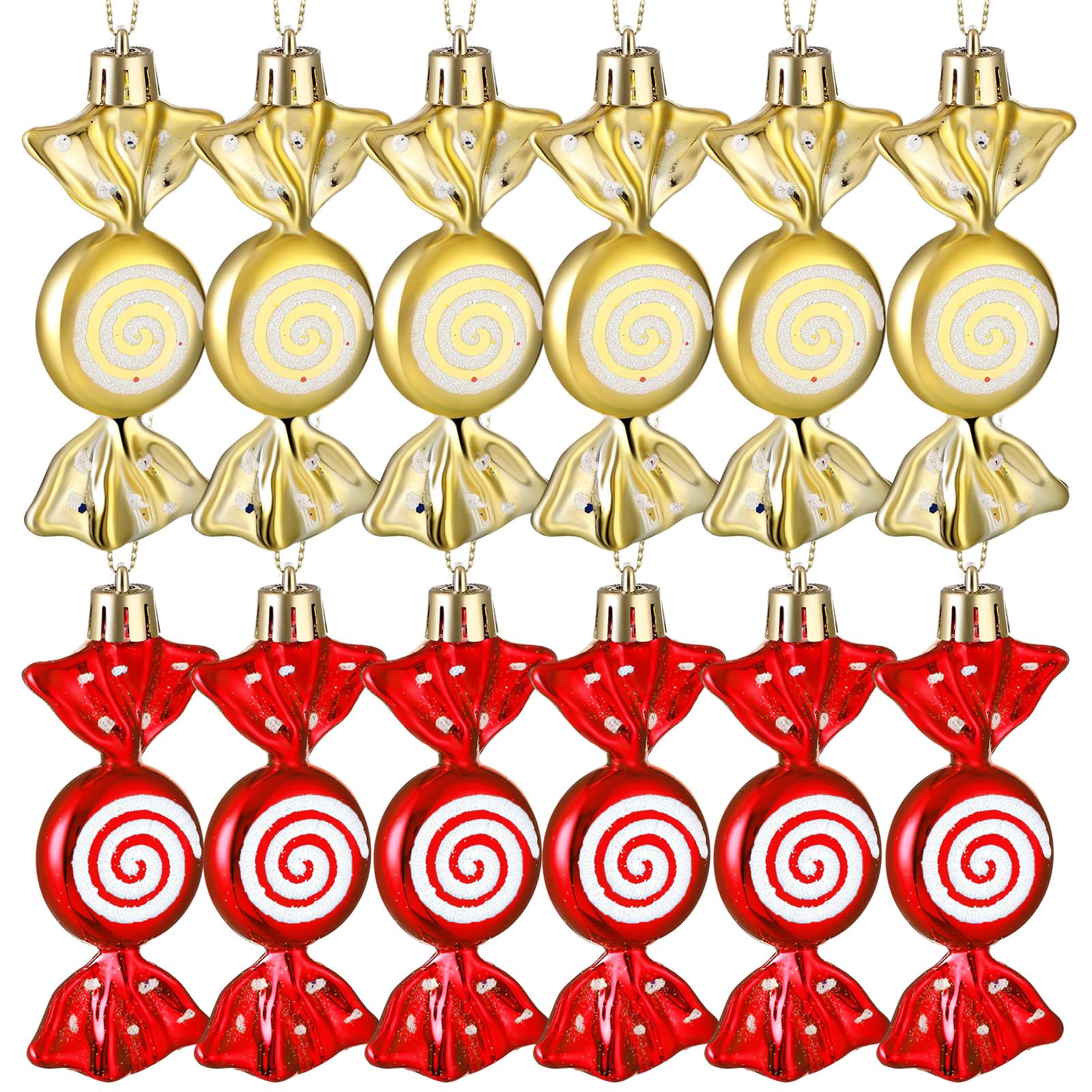 Threan 12 Pcs Christmas Candy Ornaments for Tree Decoration Hanging Glitter Candy Cane Christmas Peppermint Ornament with Golden Rope for Xmas Holiday Decoration(Red, Gold,Plastic)