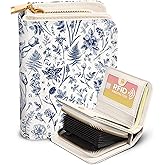 Bistup Credit Card Holder Wallet for Women - Cute Leather Ladies Teen Girls Female Cardholder Wallets Accordion Purse Small Medium Aesthetic Print Blue Floral Unique Modern Rfid Zipper Around