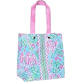 Lilly Pulitzer Pink/Blue Market Shopper Bag, Reusable Grocery Tote with Comfortable Shoulder Straps, Best Fishes