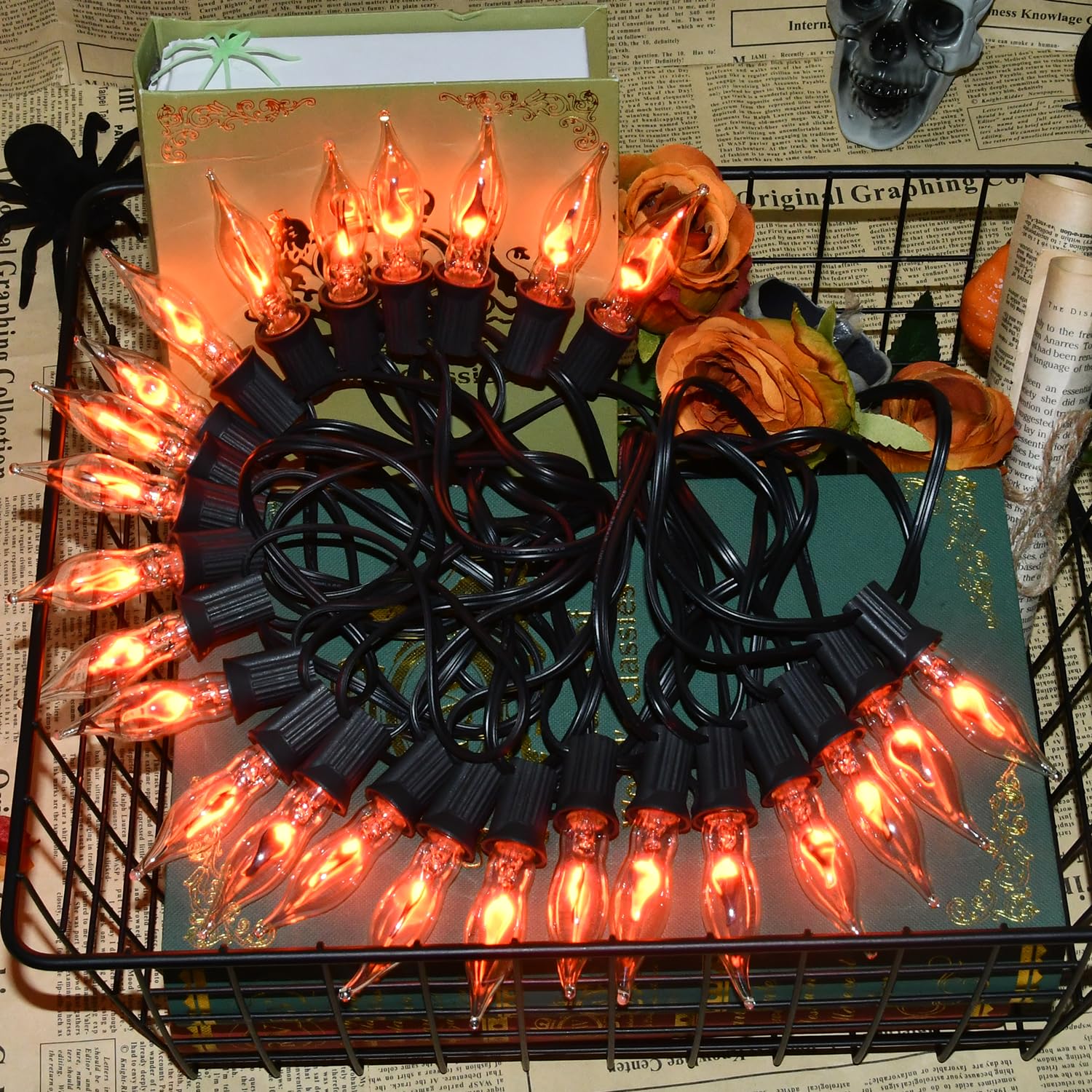 Photo 1 of SOTOPOO 27.8Ft Halloween Flickering Flame String Lights Fake Flame Flickering String Lights with 25+4Pcs C18 Flame Light Bulbs, for Home Mantel Party Indoor Outdoor Fall Halloween Decorations, 1W