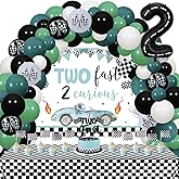 kreat4joy Two Fast Two Curious Birthday Decorations, Race Car 2nd Birthday Decorations, Vintage Balloons Arch Backdrop Table Cloth Number 2 Foil Balloon Flag Cupcake Cake Toppers for Boy 2nd Party