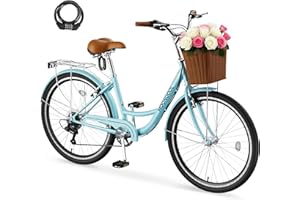 MOONCOOL Womens Bike 7 Speed, 24 26 inch Beach Cruiser Bikes for Women, Step Through Adult Bicycle with Front Basket for City Commuting