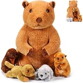 Deekin 5 Pcs Hamster Plush Toy Set Funny 14 Inch Mommy with 4 Babies | Stuffed Marmot Groundhog Design, Cuddly Babies in Belly Pouch, Birthday Party Favors Decoration, Valentine Gift, Soft Plush