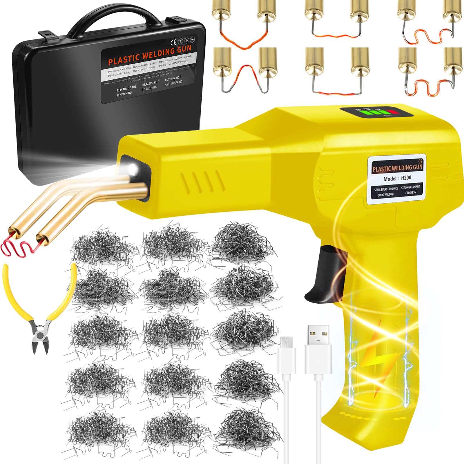 200W Plastic Welder Kit, 5000mAh USB Rechargeable Wireless Plastic Repair Kit with 1050 PCS Hot Staples, Portable Cordless Car Bumper Repair Kit for Plastic Crack Repair