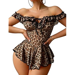 Lingerie for Women Sheer Mesh Babydoll Ruffle Chemise V Neck Sleepwear | Off Shoulder Dress, Sexy Boudoir Outfits, Plus Size,