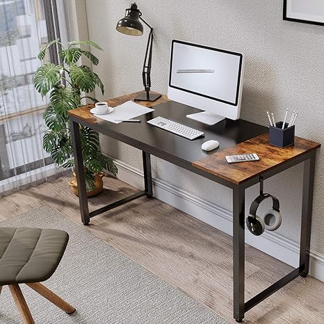 Amazon Com Oneinmil Computer Desk 55 Sturdy Strong Office Home Study Writing Table For 200 Lbs W Thick Metal Leg Simple Industrial Style Mid Century Retro For Dual Two Monitors Rustic Vintage And Black Kitchen