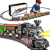 Electric Train Set for Kids, Christmas Train Toys with Smoke, Light and Sound, DIY Building Train Tracks for Boys Ages 4-8, C
