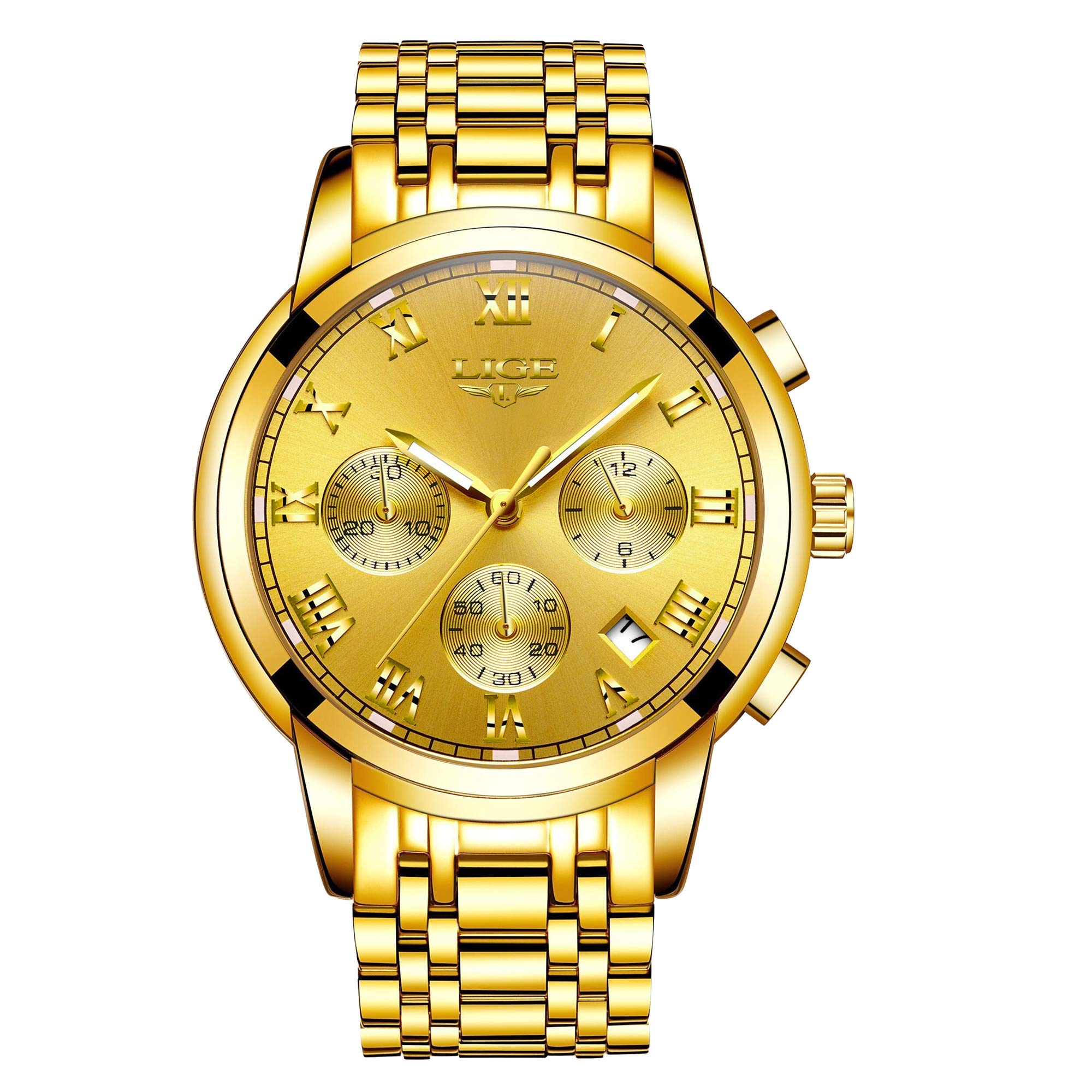 LIGE Watch Men Stainless Steel Sports Analog Quartz Watch Gents Fashion Elegant Golden Dress Watches