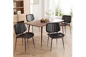 choairy Dining Chairs Set of 4, Mid Century Modern Dining Room Chair, Upholstered Faux Leather Kitchen Chairs with Walnut Bentwood Back and Metal Legs for Kitchen Dining Room Living Room, Black