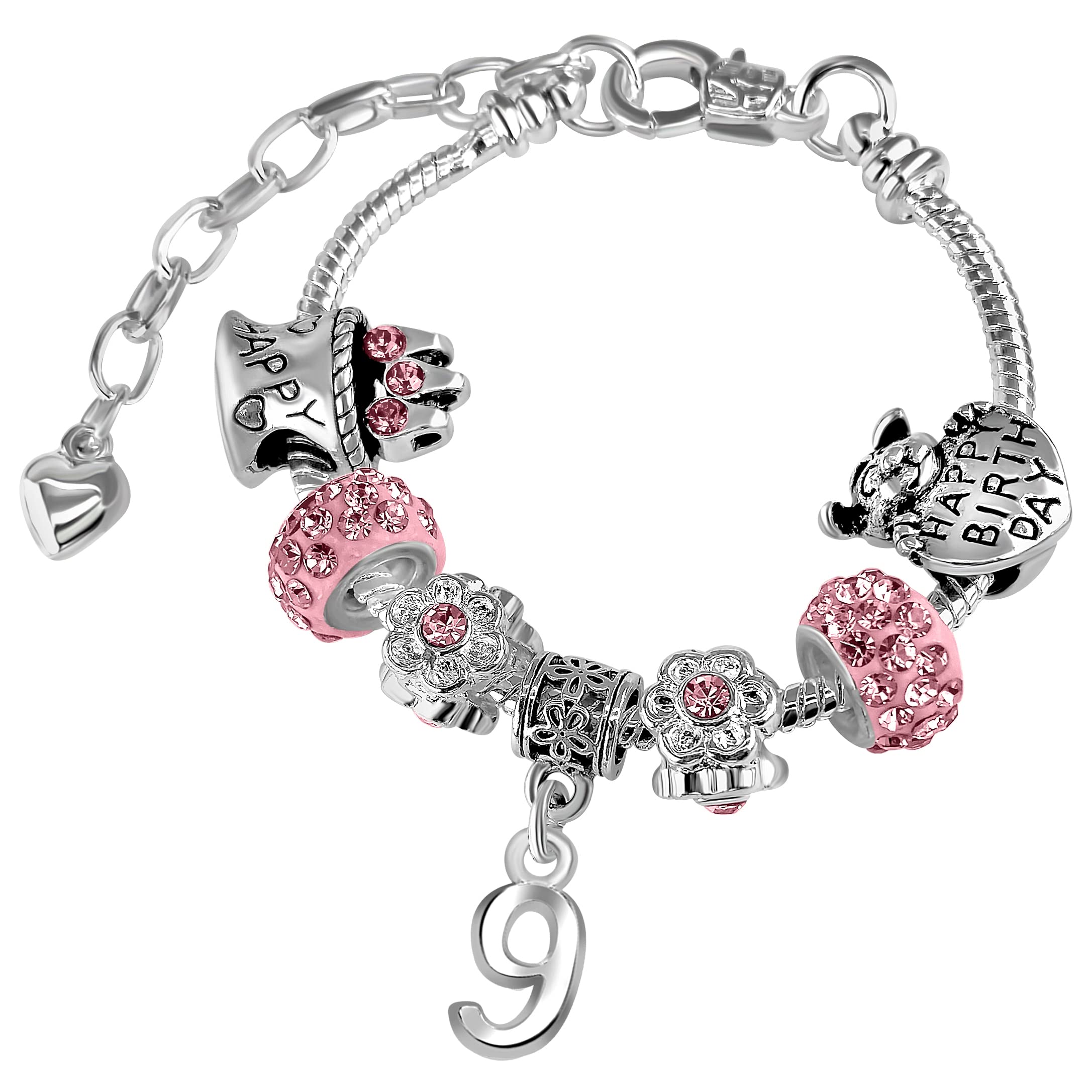 Girls 9th Birthday Sparkly Pink Crystal and Silver Plated Adjustable Celebration Charm Bracelet with Gift Box Age 9