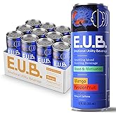 E.U.B. Mango Passionfruit Sparkling Functional Beverage, 12oz Can, 50mg Caffeine, 25 Calories, with Nootropics & Adaptogens for Mood & Energy Support