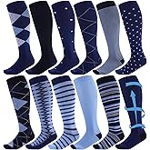 Shyyween 12 Pairs Men Dress Compression Socks Men's Knee Long Light Socks 8-15 mmHg Graduated Support Father's Day Gift