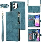 iCoverCase Compatible with iPhone 11 Wallet Case with Card Holder, Crossbody with Wrist Strap, PU Leather Kickstand Zipper Card Slots [Not Detachable] Flip Cover Case 6.1 Inch (Blue)