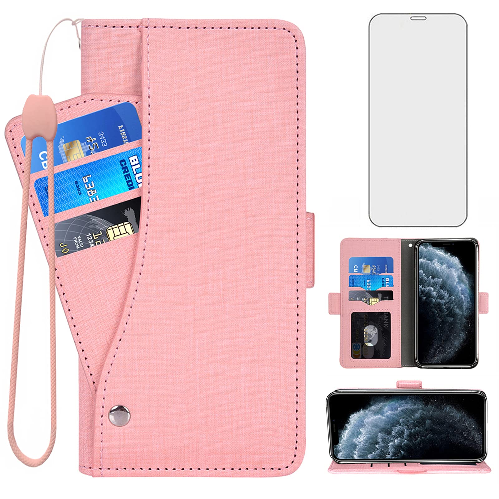 Asuwish Compatible with iPhone 11 Pro 5.8 Wallet Case Tempered Glass Screen Protector and Flip Cover Card Holder Stand Cell Accessories Phone Cases for iPhone11pro iPhone11 11pro i XI Women Men Pink