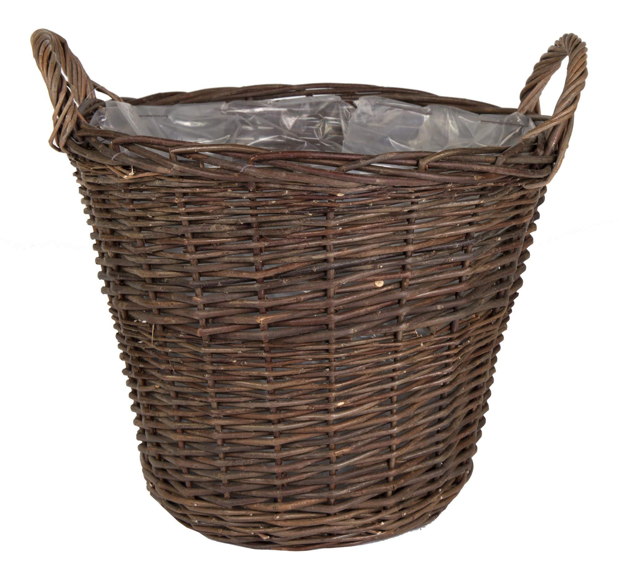 Natural Brown Wicker Round Storage Potato Log Basket with Plastic Liner & Handles