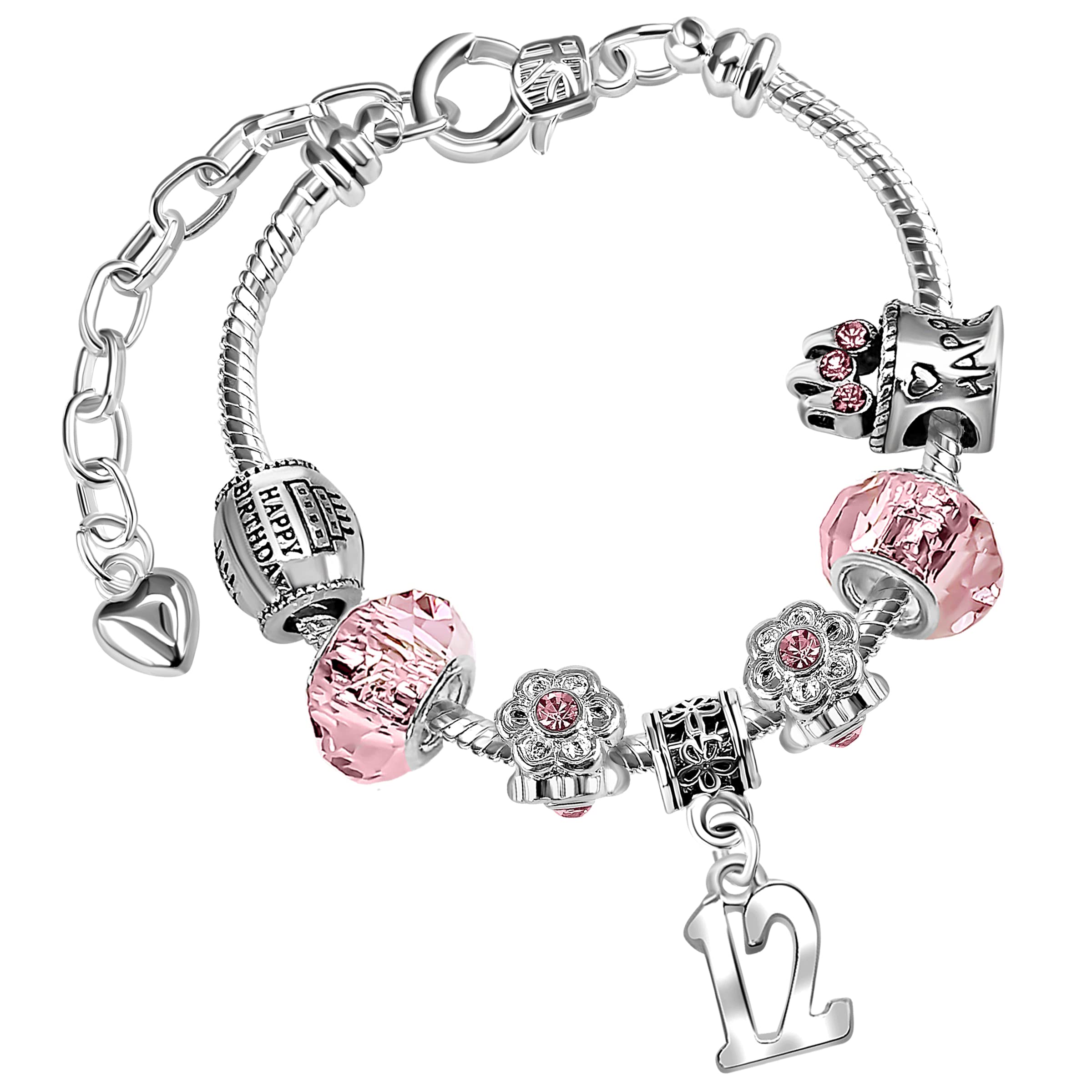 Girls 12th Birthday Sparkly Pink Crystal and Silver Plated Adjustable Celebration Charm Bracelet with Gift Box Age 12