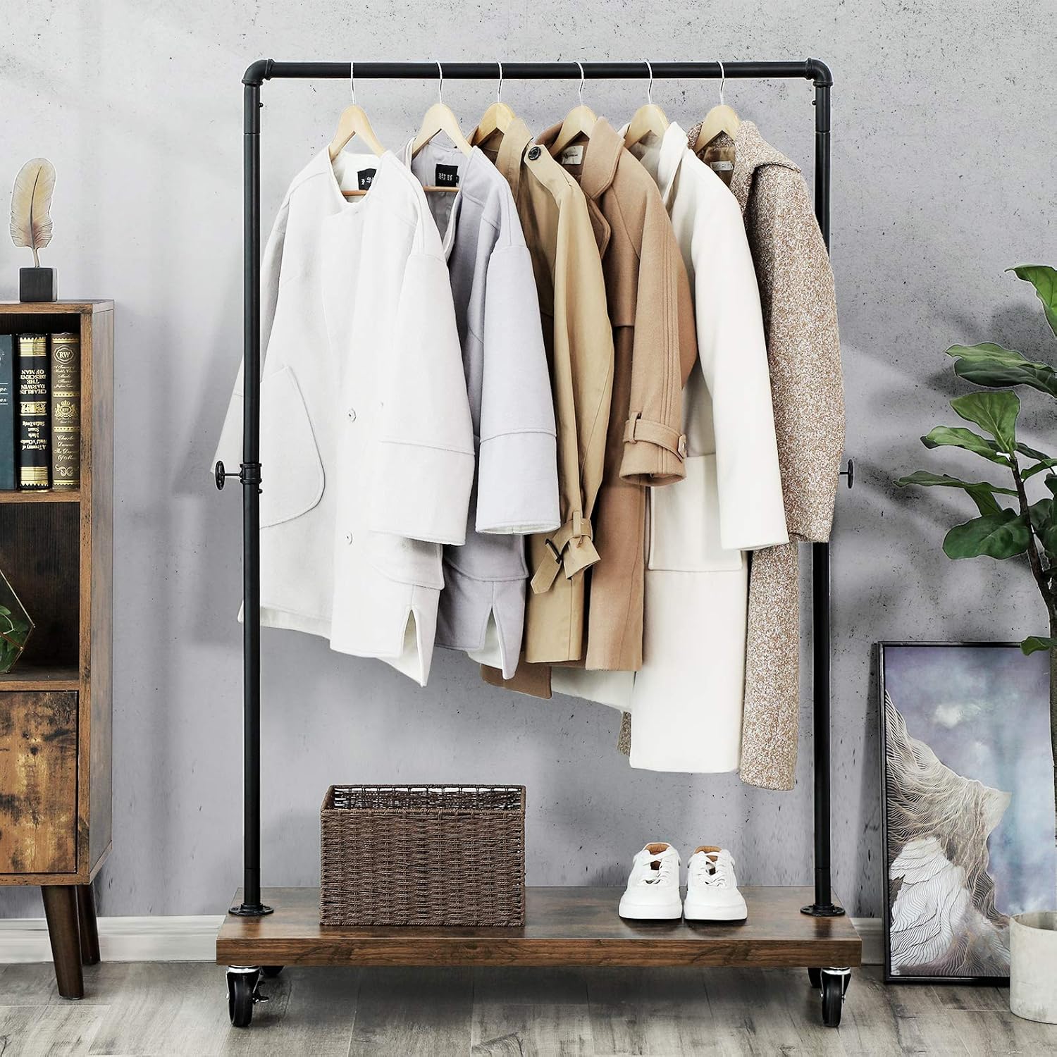 VASAGLE Clothes Rack, Industrial Pipe Style Rolling Garment Rack with Shoe Shelf, Lockable Wheels, Heavy Duty Clothing Rack for Laundry Room, Retail Store, Rustic Look UHSR65BX: Home Improvement