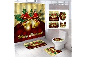 TPTAL 4Pcs Christmas Shower Curtain Set,Bathroom Sets with Shower Curtain/Rugs/Toilet Lid Cover/Bath Mat,Waterproof Bathroom Curtains Shower Set,Xmas Gifts Holiday Bathroom Decor Christmas Theme (C)