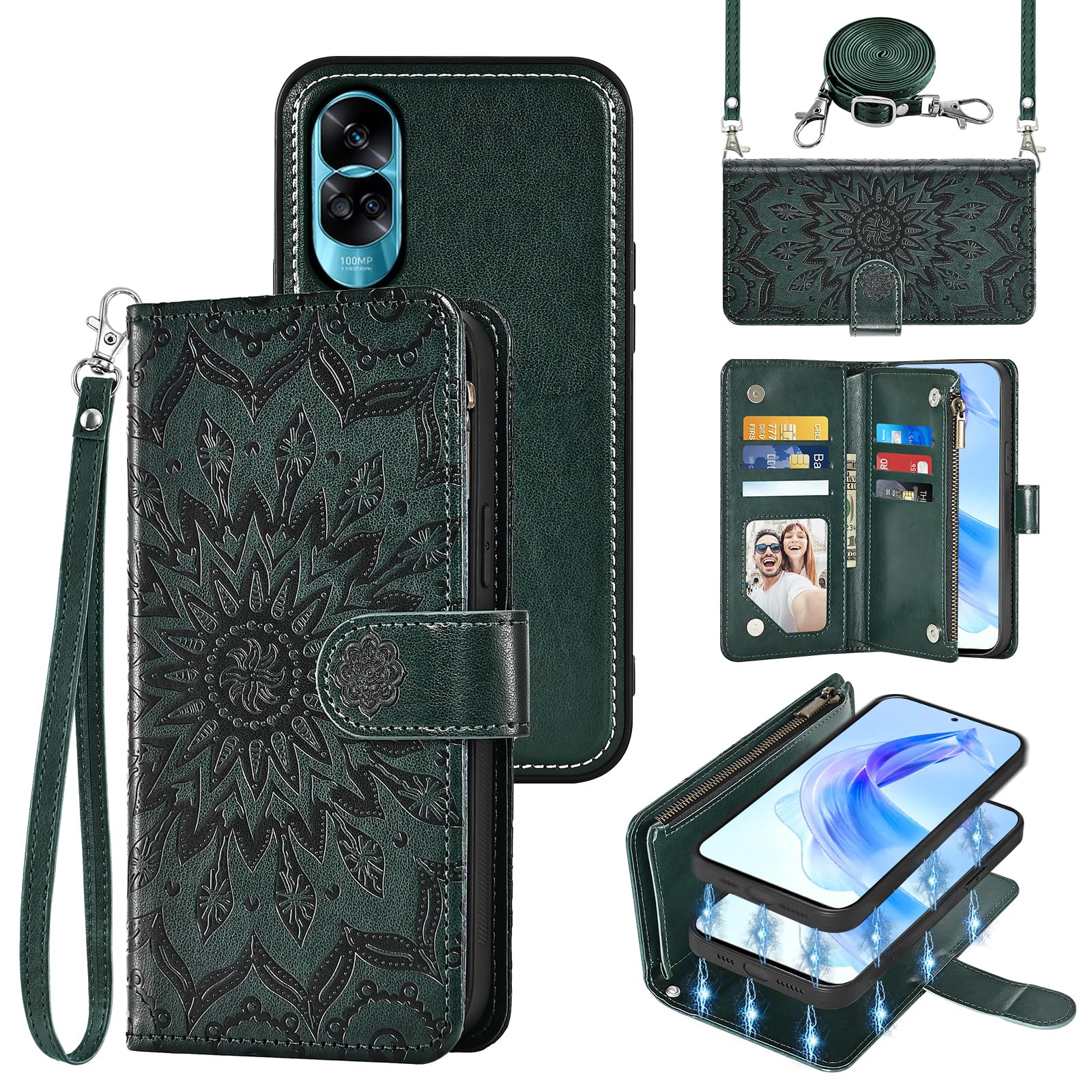 Asuwish Phone Case for Honor 90 Lite 5G Zipper Wallet Magnetic Detachable Cell Cover with Screen Protector Crossbody Lanyard Strap Flower Flip Card Holder Slot Honor90 90Lite CRT-NX1 Men Dark Green