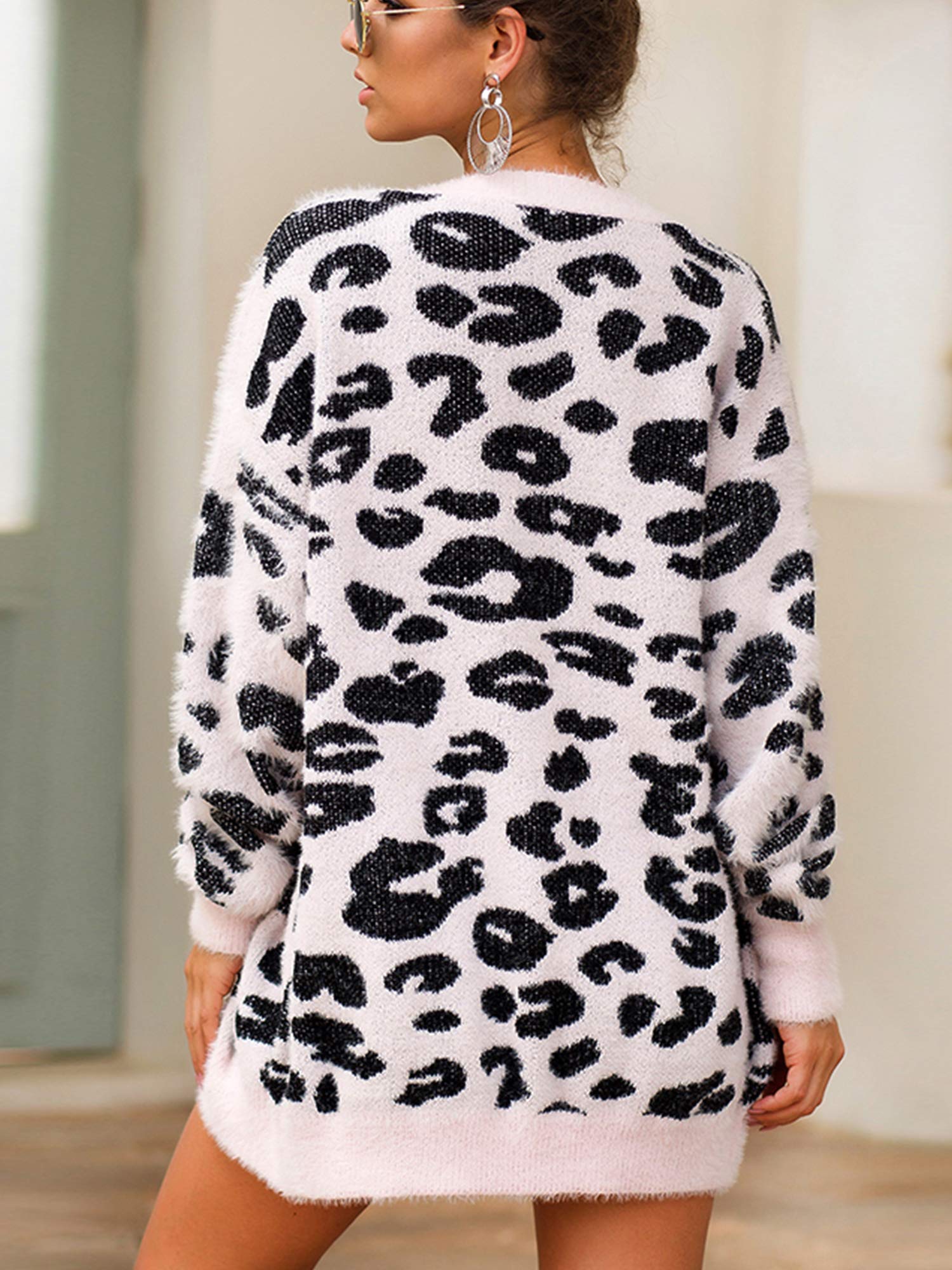 Women Cardigan Leopard Fashion Print Button Down Long Sleeve Soft Loose Knit Sweater Coat Fall Winter Outwear (M, White)