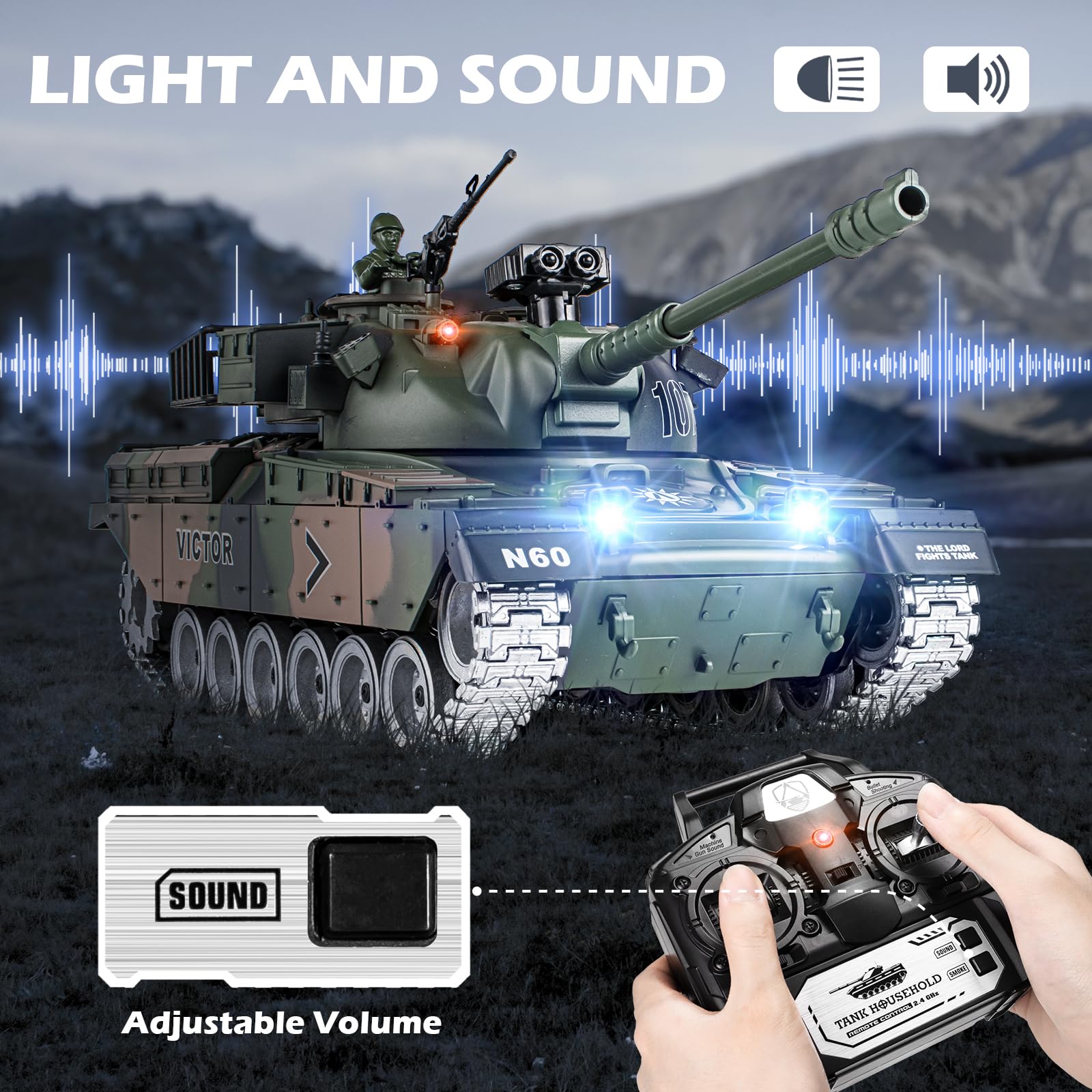 Supdex RC Tank, 1:18 Alloy Metal US M60 Remote Control Army Model Toys, 2.4Ghz RC Vehicle with Realistic Smoke, Sound and Lights, Military Tank That Shoots BBS and Water Bombs for Adults and Kids