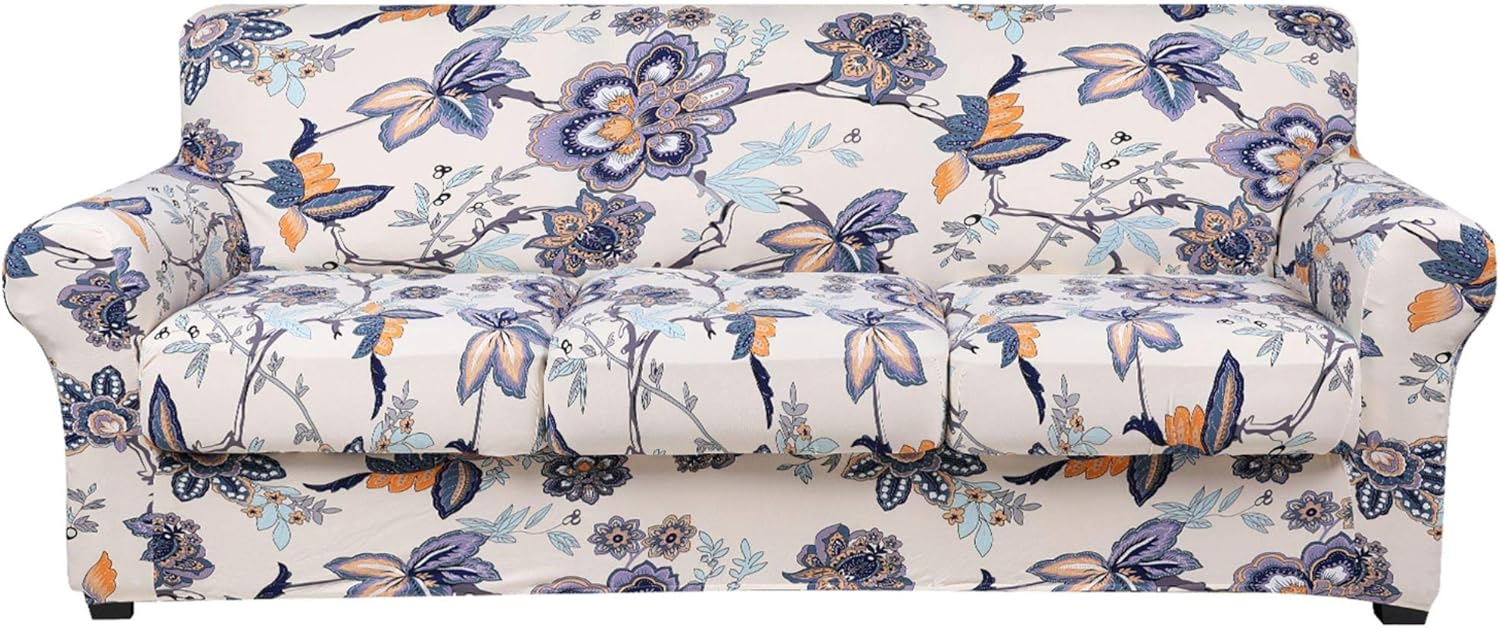 hyha Printed Couch Cover for 3 Cushion Couch - Floral Pattern Sofa Cover with Separate Cushion Cover, 4 Pieces Stretch Sofa Slipcover Washable Furniture Protector (Sofa, Vintage Flower): Home & Kitchen
