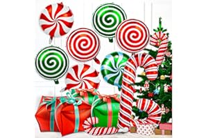 HTZNHXT 32Pcs Christmas Balloons, Christmas Candy Cane Foil Balloons with Ribbons, Red Green Mylar Balloon for Party Decorations
